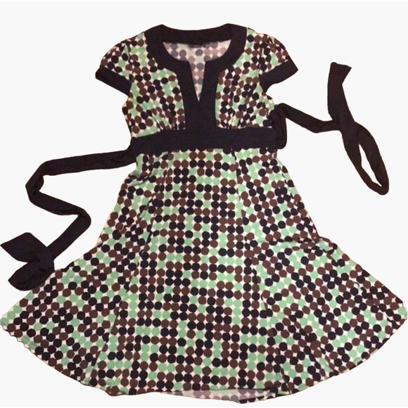 BCBG MaxAzria Women's Size Medium Green and Blue Polka Dot Dress With Tie Sash - Picture 1 of 6